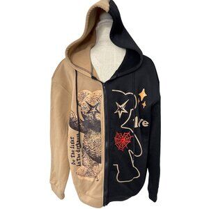 Romwe Unique Two Tone Half Black Half Tan Graphic Zip Hoodie With Artistic Star